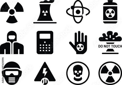 Nuclear and radioactive hazard warning icon set in black silhouette