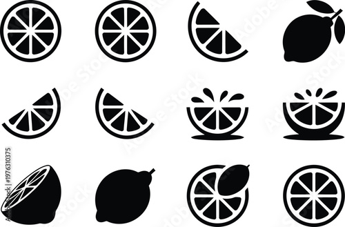 Collection of citrus lemon fruit icons in flat black and white vector style