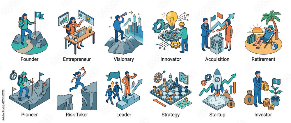 Obraz premium Isometric vector illustrations of business concepts including entrepreneurship, innovation, leadership, and career development.