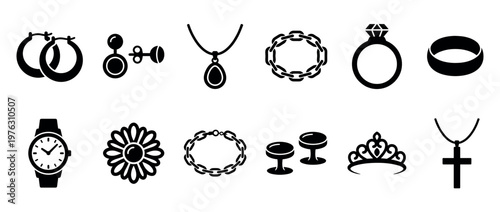 Jewelry and accessories icon set featuring various elegant items like rings, necklaces, earrings, bracelets, and a wristwatch.