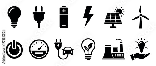 Energy icons collection featuring various electricity, power, and renewable energy symbols for modern technology and sustainability concepts.