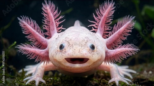 Axolotl smiling with open mouth in freshwater habitat  