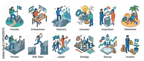 Isometric vector illustrations of business concepts including entrepreneurship, innovation, leadership, and career development.