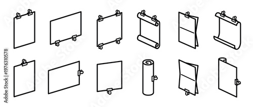 Paper document icons with various clipping styles and orientations, including flat, folded, and rolled sheets for presentation purposes.