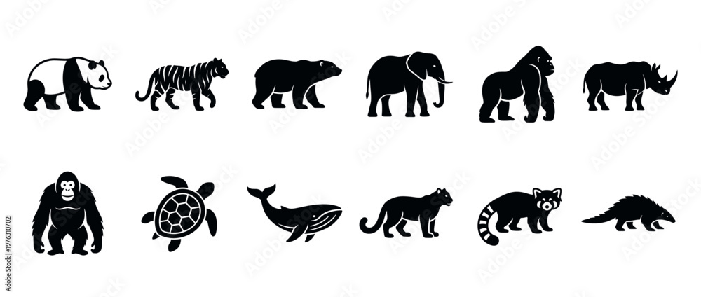 Fototapeta premium Collection of diverse wild animal silhouettes including panda, tiger, elephant, gorilla, rhinoceros, bear, orangutan, turtle, whale, panther, red panda, and pangolin.