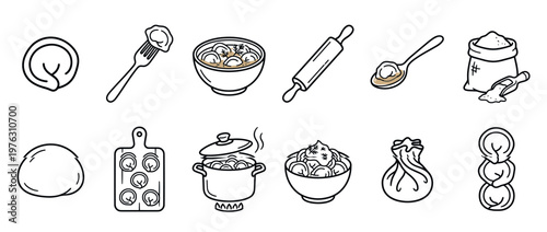 Dumplings and cooking ingredients vector illustration set, showing the process of making and serving traditional pasta dishes.