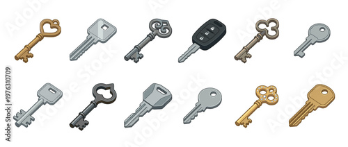 Collection of various keys including modern house keys, car keys, and antique skeleton keys in an isometric cartoon style.