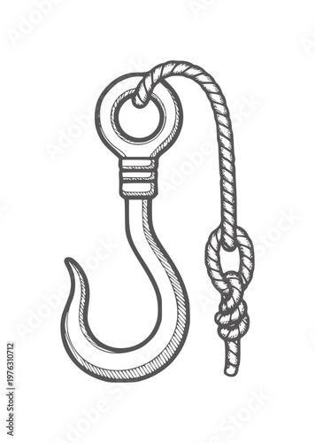 Of a metal hook with a thick rope tied in a knot industrial
