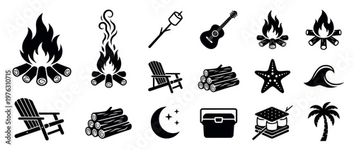 Camping outdoor summer icons set featuring various elements like campfire, marshmallow, guitar, and beach items for adventure designs.