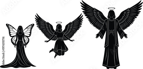 Angel Silhouettes with Wings and Halos, Butterfly, Female Angel, and Religious Figure in Black and White, Minimalist Vector Art Design