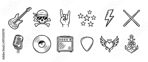 Collection of hand-drawn rock music and tattoo-style icons including guitar, skull, microphone, and amplifier in a doodle art style.