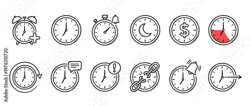 Hand drawn time clock icons representing various concepts like alarm, deadline, notification, schedule, and progress in a doodle sketch style.