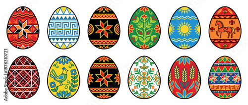 Vibrant collection of traditional Easter eggs adorned with intricate folk art designs and cultural motifs.