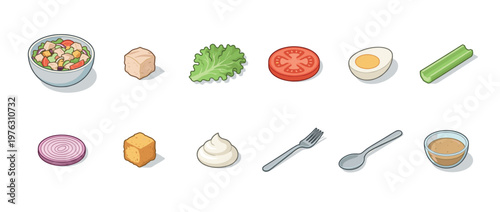 Salad ingredients and utensils arranged for healthy meal preparation in a vibrant isometric illustration style.