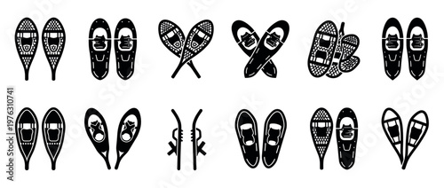 Snowshoes icons collection for winter sports and outdoor activities in snowy landscapes, representing various designs and styles of footwear.
