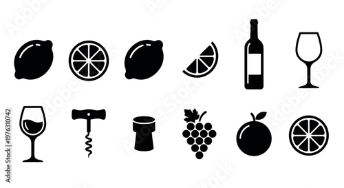 Collection of wine and citrus fruit icons including bottle, glass, corkscrew, grapes, lemon, and orange for beverage concepts.
