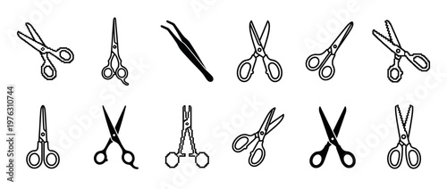 Collection of various scissors and cutting tools, including pixel art, outline, and solid icons for crafting, hairdressing, and general use.