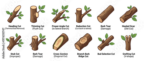 Different types of tree branch cuts and pruning methods are shown in an educational diagram for gardening and arboriculture.