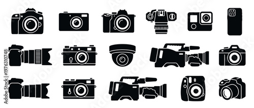Camera icons set featuring various types of photographic and video recording equipment, from modern digital to classic film and surveillance devices.