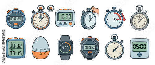 Collection of various hand-drawn stopwatches and timers in different styles, illustrating concepts of time measurement, countdowns, and elapsed duration.