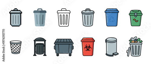 Collection of various trash cans, waste bins, and recycling containers for waste management and disposal concepts.