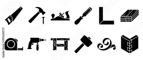 Woodworking tools and carpentry equipment collection featuring various hand tools, power tools, and materials for construction and DIY projects.