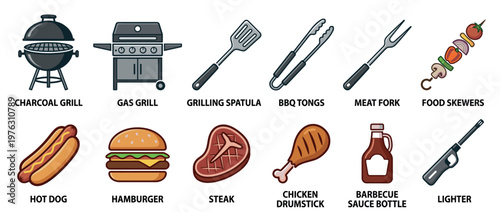 Barbecue and grilling icons set featuring various tools, equipment, and popular food items for outdoor cooking and summer parties.