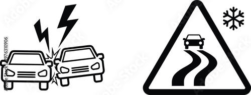  Car Accident and Slippery Road Warning Icon Set with Collision Symbol and Winter Hazard Sign for Traffic Safety and Driving Awareness Design