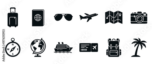 Travel icons set featuring essential tourism symbols and vacation elements for global exploration and adventure.