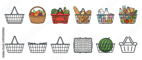 Variety of shopping baskets, including empty ones and those brimming with fruits, vegetables, bread, and dairy products.