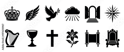 Collection of religious symbols and spiritual icons including a crown, dove, cross, lily, and chalice, representing faith and divinity.