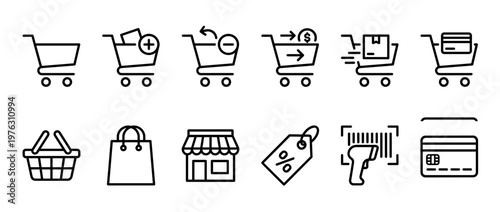 Shopping e-commerce retail icons representing various online and offline purchasing processes, transactions, and store elements.