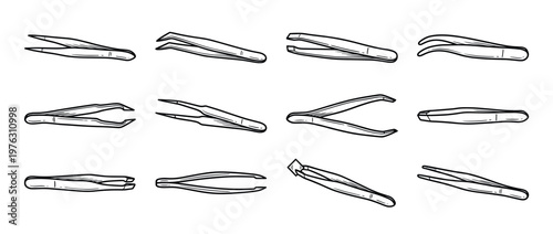 Tweezers collection hand drawn sketch illustration set for beauty, cosmetic, and personal care applications.