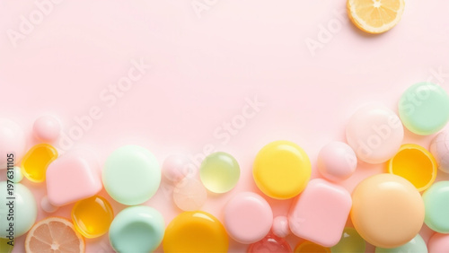 Pastel citrus slices and pills on soft pink background for wellness concept