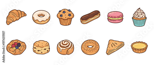 Delightful collection of various baked goods, pastries, and sweet treats, perfect for bakery menus or dessert-themed designs.