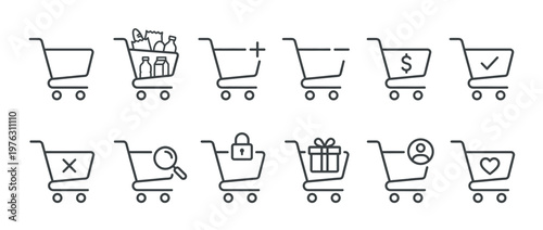 Shopping cart icons collection for e-commerce applications, online retail, and digital marketplace user interfaces, representing various purchasing actions.