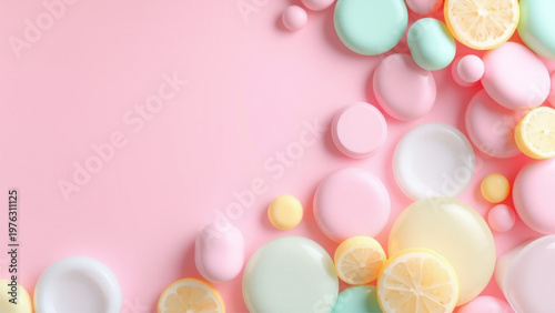 pastel colored pills and capsules scattered on soft pink background