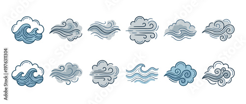 Cartoon style illustrations of various weather elements including clouds, wind, and ocean waves, depicting natural phenomena.