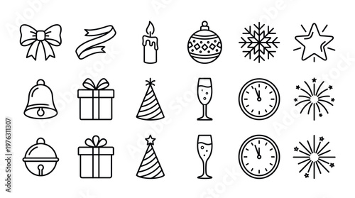 Celebration icons, holiday symbols, New Year elements vector set for festive events and seasonal greetings and party designs.