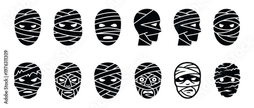 Mummy heads vector illustration set featuring various wrapped faces and profiles for Halloween and ancient Egypt themes.