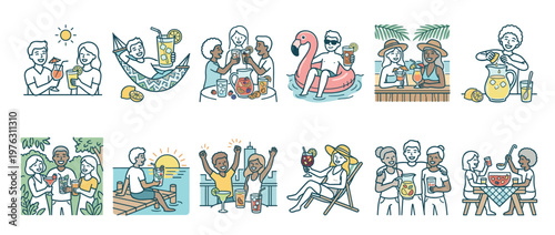People enjoying refreshing drinks and cocktails during various summer activities and celebrations, illustrating leisure and fun moments.