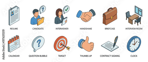 Job interview icons, recruitment process, and business concepts illustrated in a modern isometric style for employment and career success.
