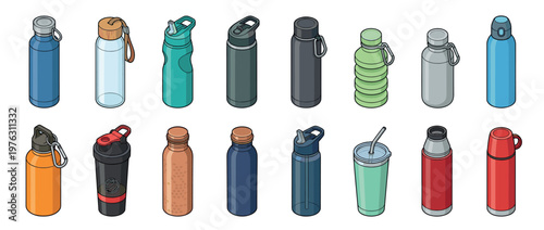 Diverse collection of reusable water bottles, shakers, and thermoses in various colors and designs for hydration and active lifestyles.