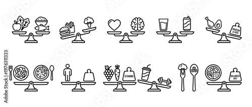 Diet nutrition health food balance icons illustrating healthy eating choices, lifestyle concepts, and the importance of wellness.