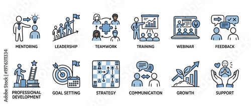 Business and professional development line icons set illustrating concepts like mentoring, leadership, teamwork, training, and strategy for corporate success.