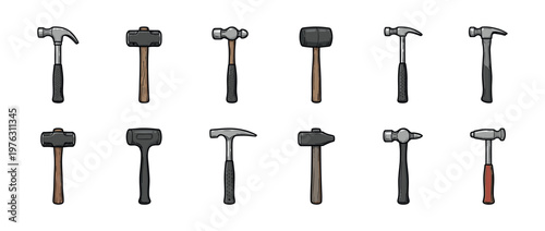 Hammers collection of various types, including claw, ball-peen, and sledge, essential hand tools for construction and DIY projects.