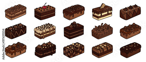 Delicious chocolate cakes and pastries set, an appetizing variety of sweet desserts with rich frosting and decorative toppings.