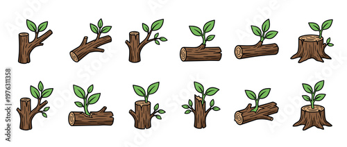 Tree stumps and logs with green sprouts symbolize new life, growth, and environmental regeneration in a charming cartoon style.