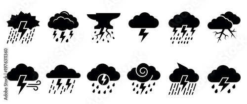 Collection of weather icons illustrating various storm phenomena such as clouds with lightning, heavy rain, wind, and thunder.