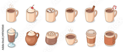 Hot chocolate mugs and cups collection with various toppings, perfect for winter beverages and cozy drink illustrations.